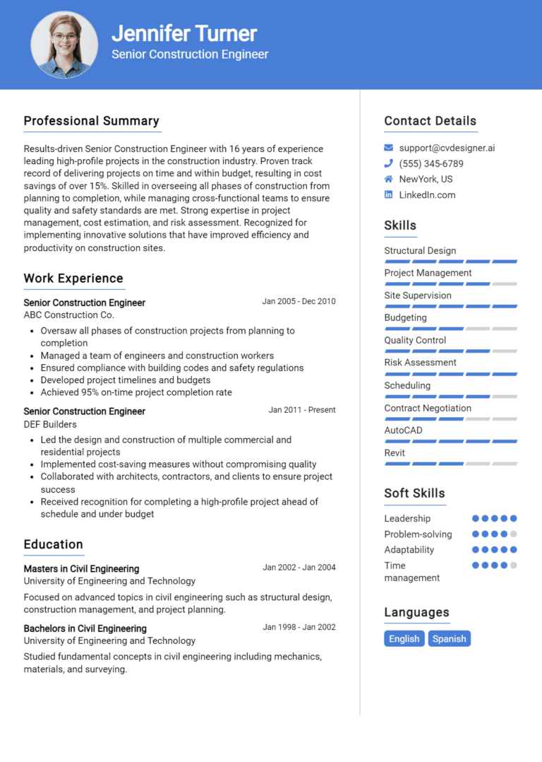 15 Senior Construction Engineer Resume Examples And Templates for 2025