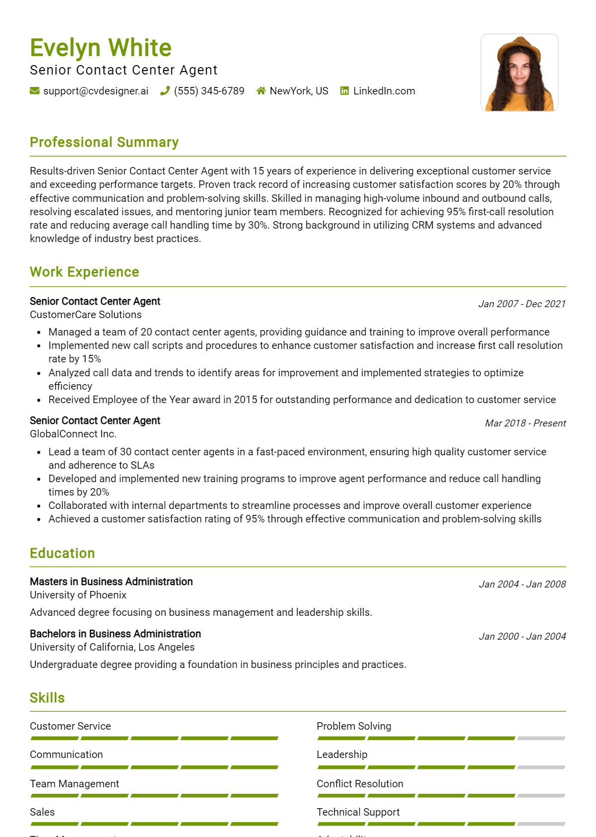 Senior Contact Center Agent Resume Example