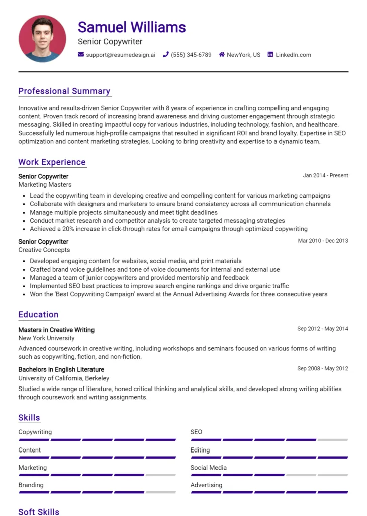 Senior Copywriter Resume Example