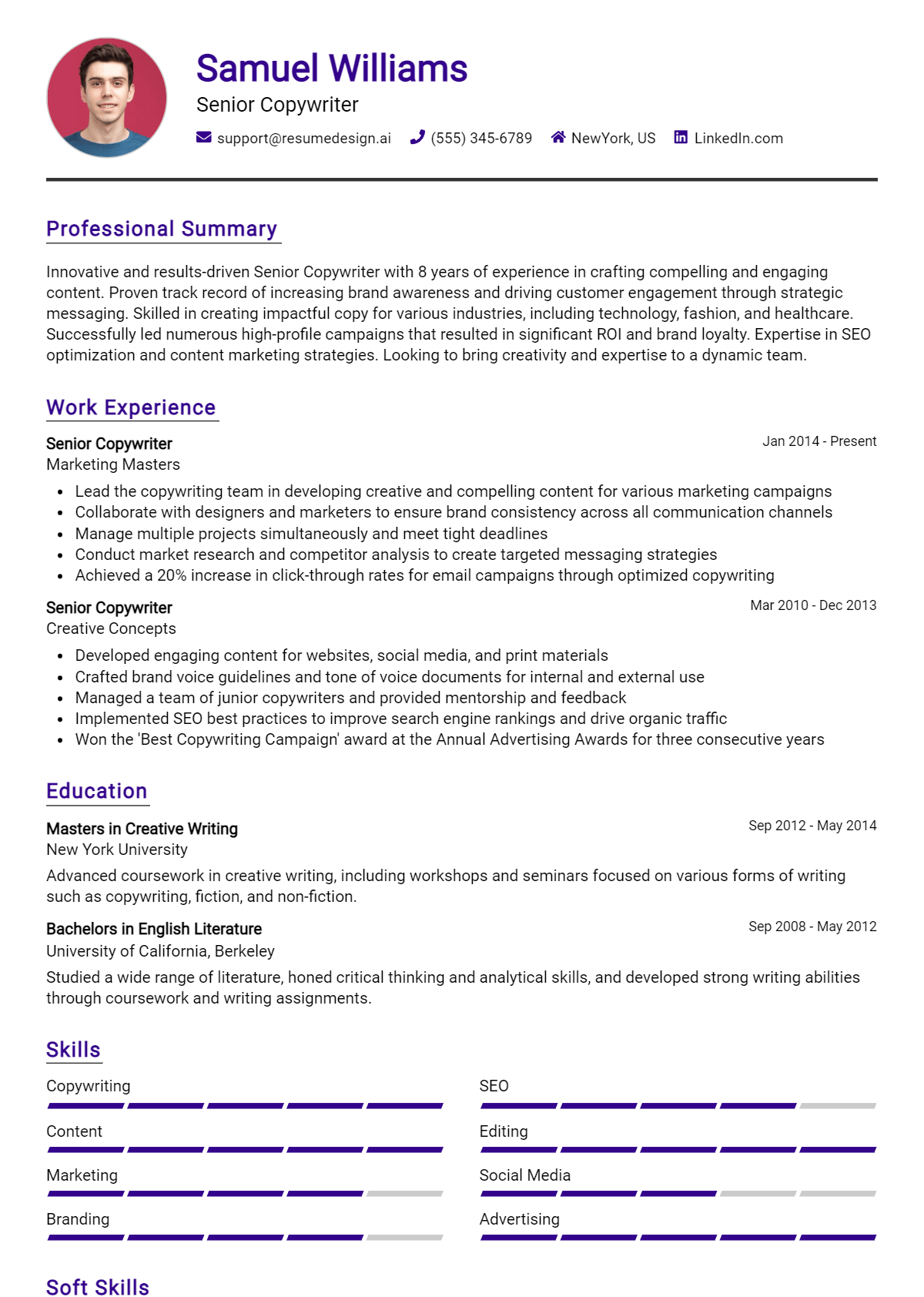 Senior Copywriter Resume Example