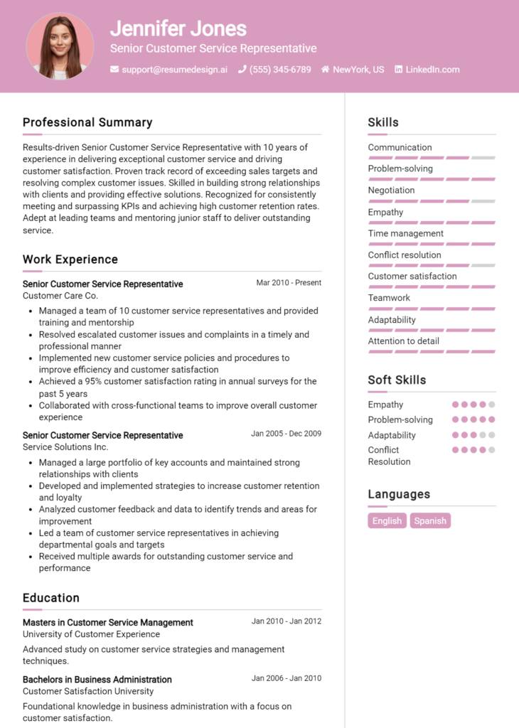 Senior Customer Service Representative Resume Example