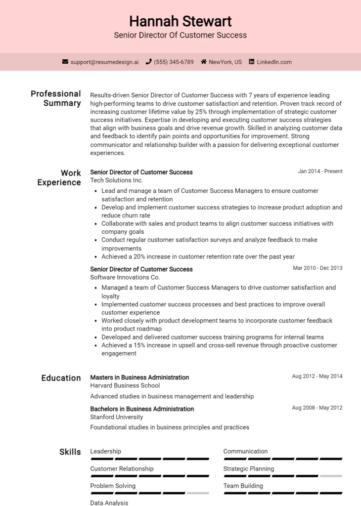 Senior Director Of Customer Success Resume Example