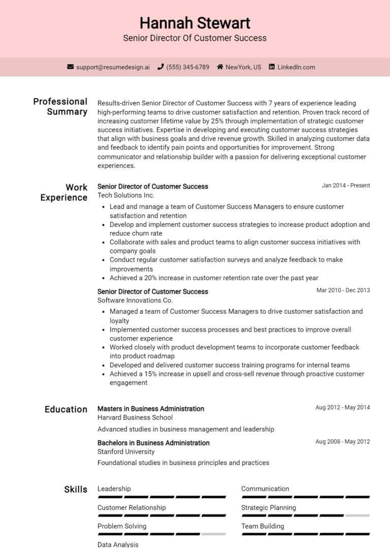 15 Senior Director of Customer Success Resume Examples And Templates for 2025: Top Tips