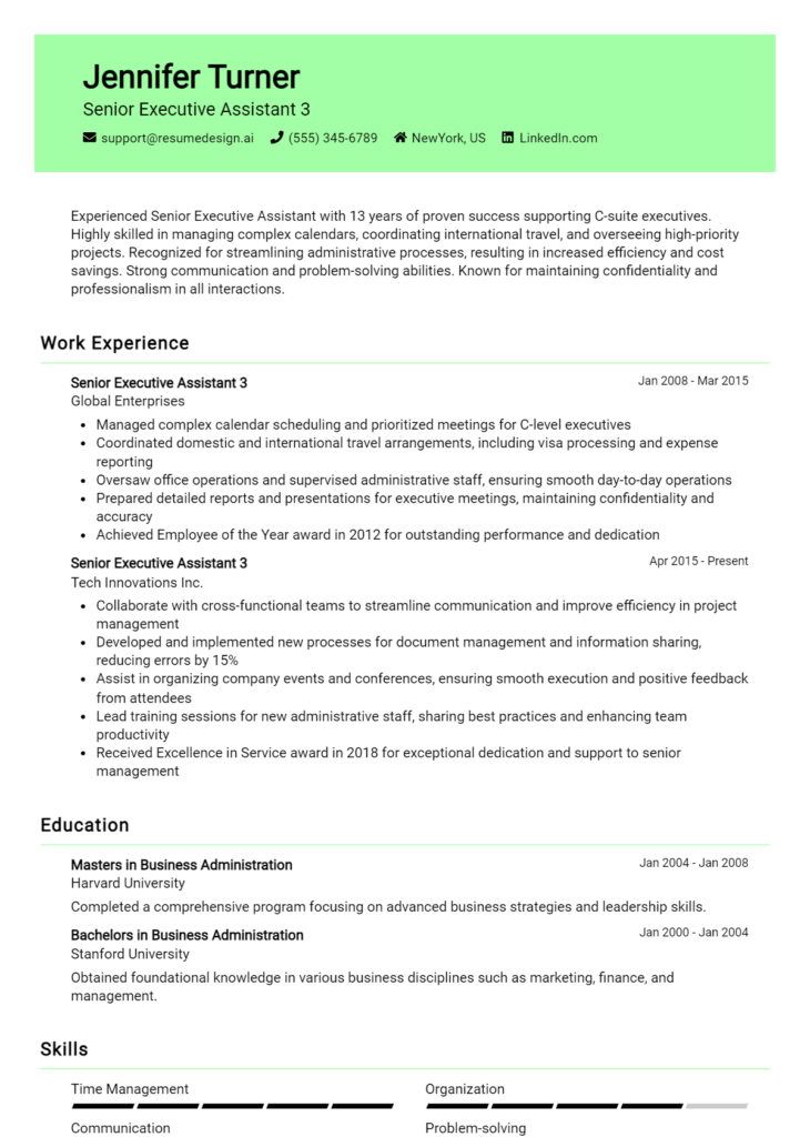 Senior Executive Assistant 3 Resume Example