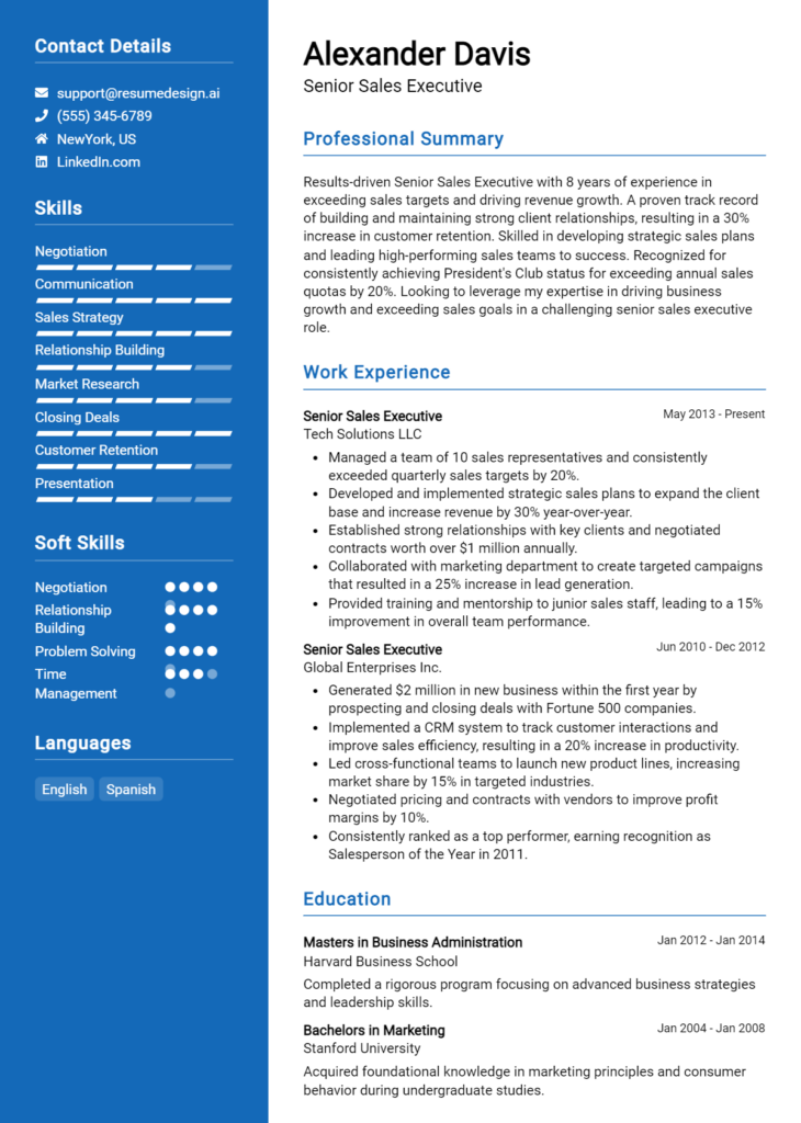 Senior Sales Executive Resume Example