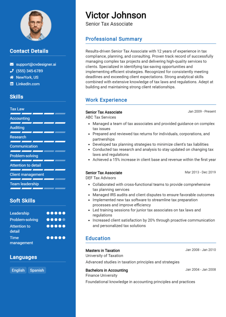 Senior Tax Associate Resume Example