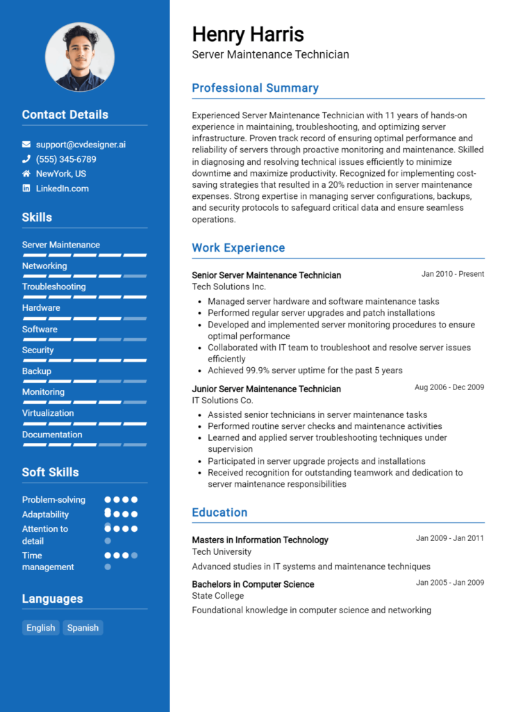 Server Maintenance Technician Resume Example