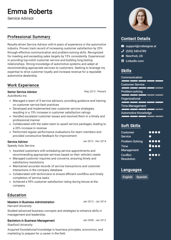 Service Advisor Resume Example