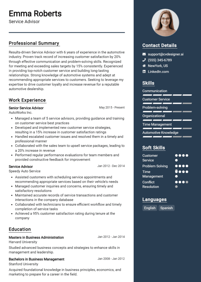 23 Service Advisor Resume Examples And Templates for 2025