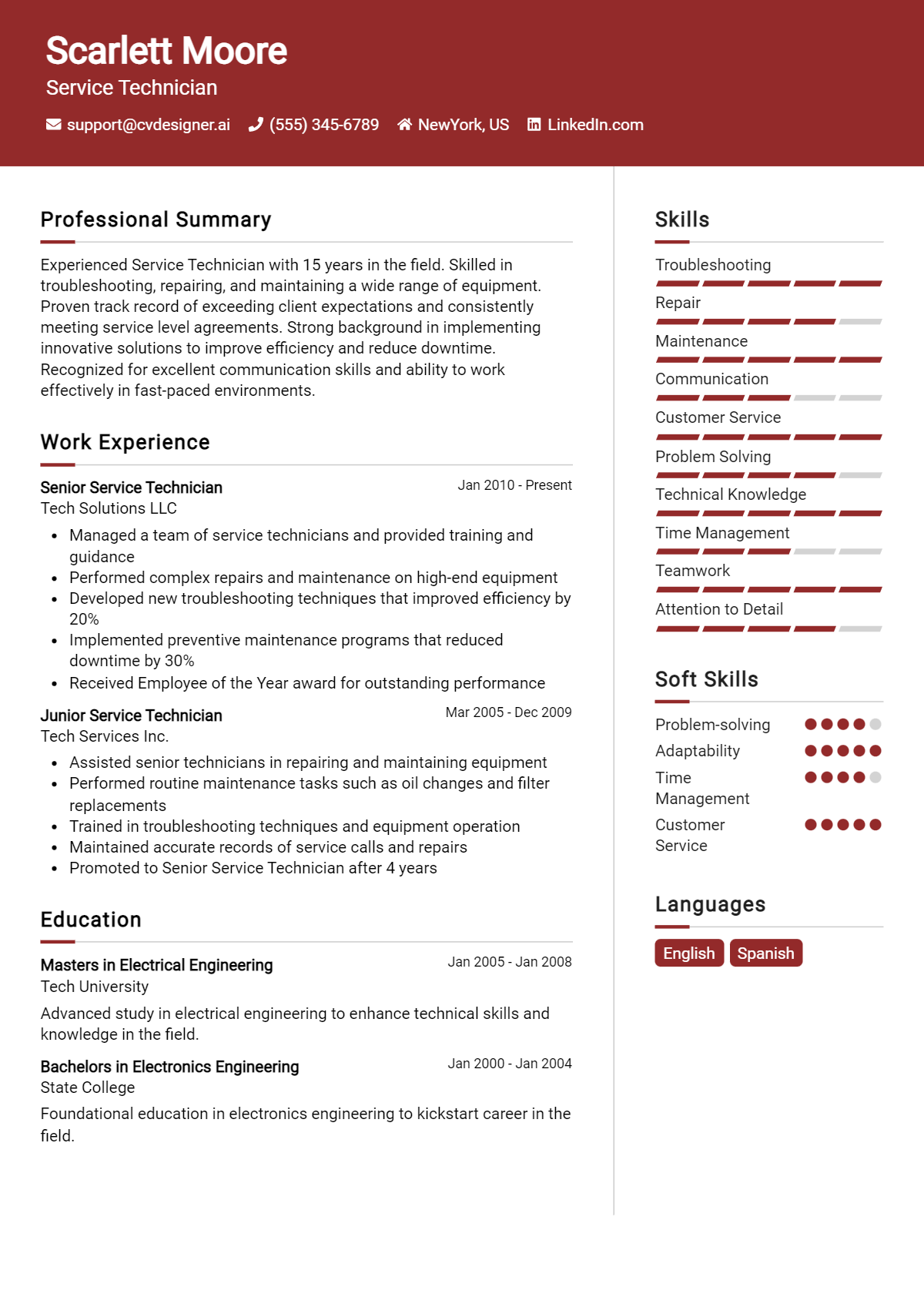 Service Technician Resume Example