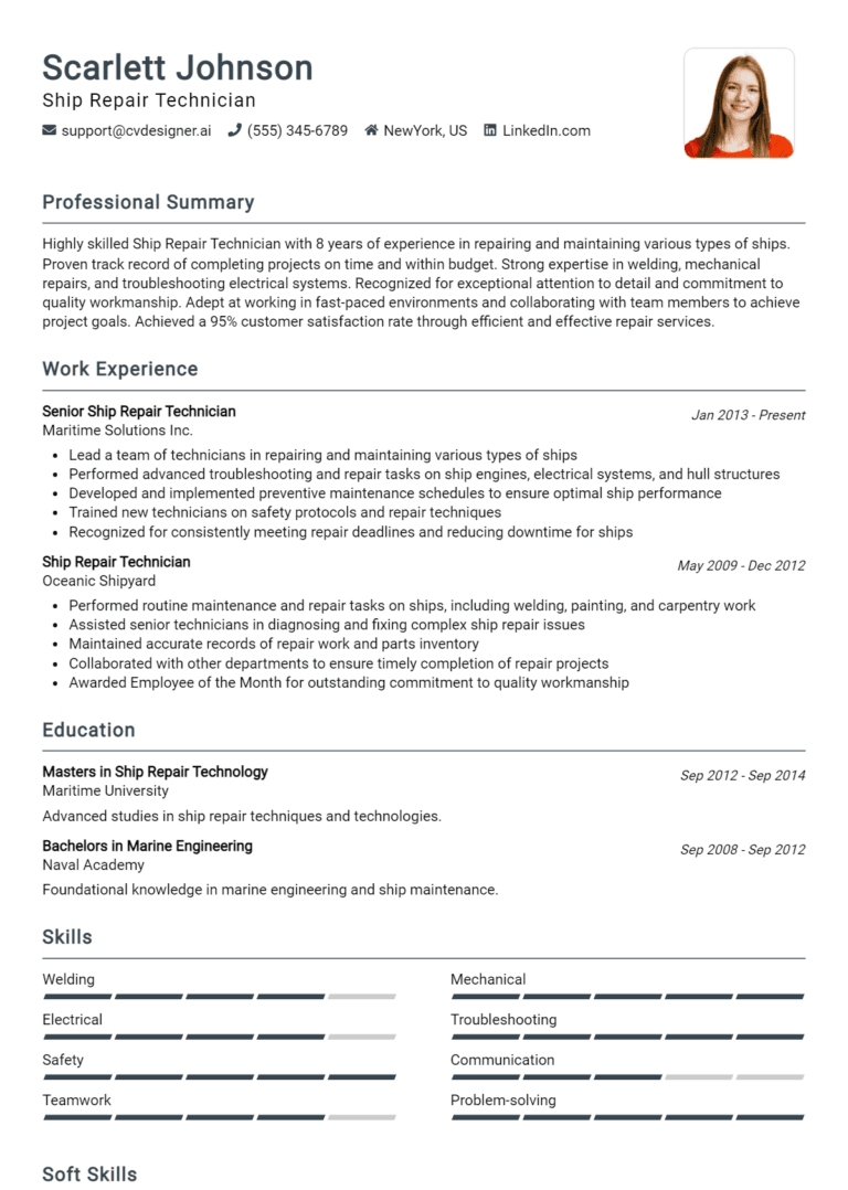 14 Ship Repair Technician Resume Examples And Templates for 2025 [Guide]