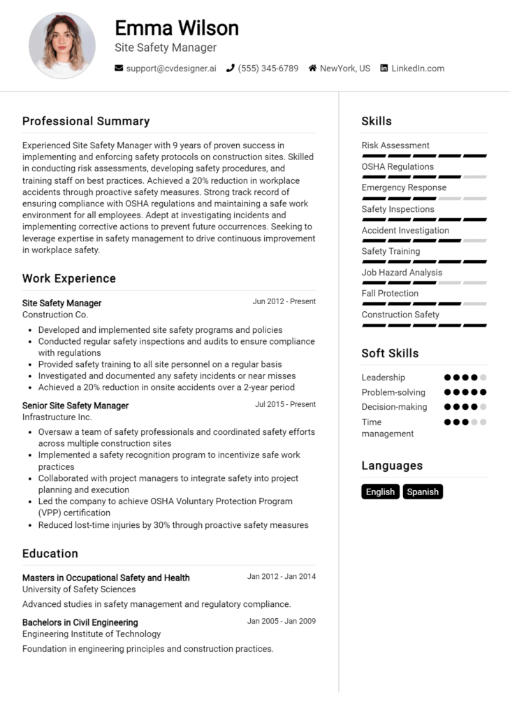 Site Safety Manager Resume Example