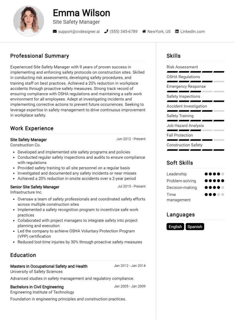 9 Site Safety Manager Resume Examples And Templates for 2025