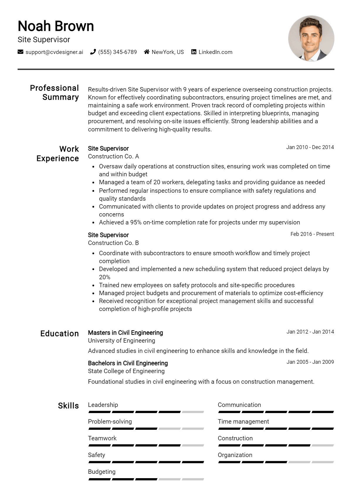 Site Supervisor Resume Example