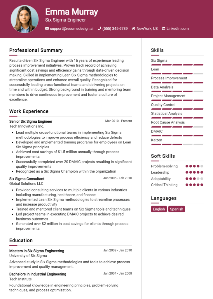 Six Sigma Engineer Resume Example