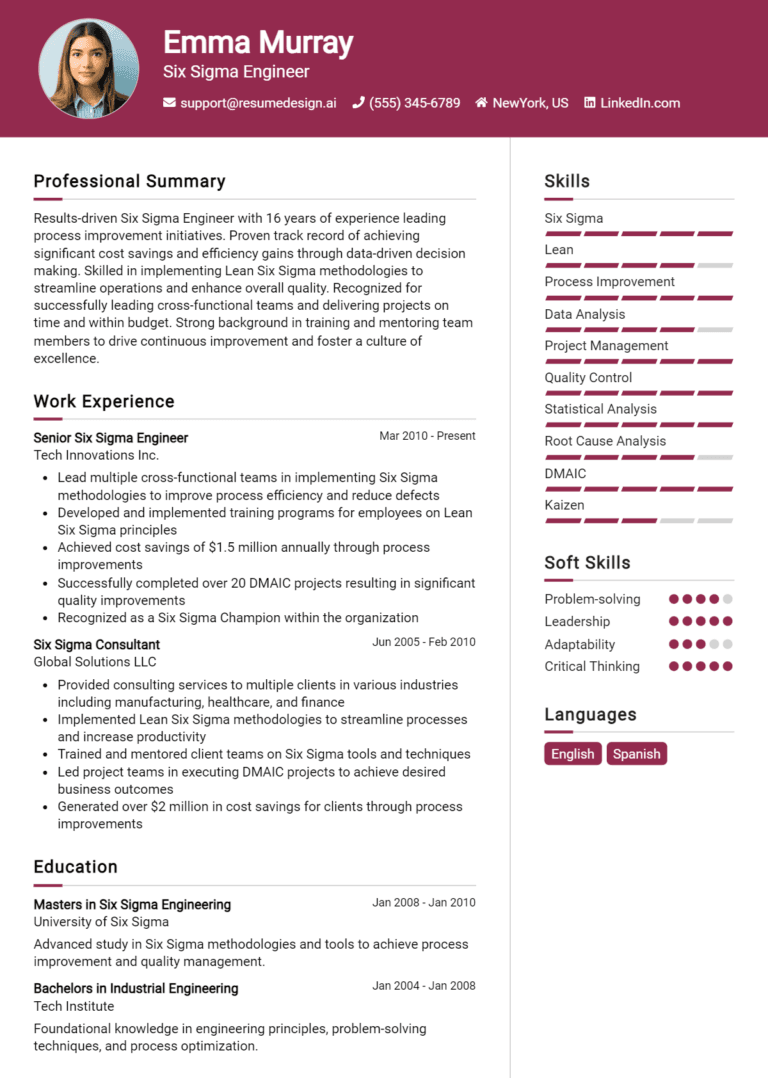 18 Six Sigma Engineer Resume Examples And Templates for 2025