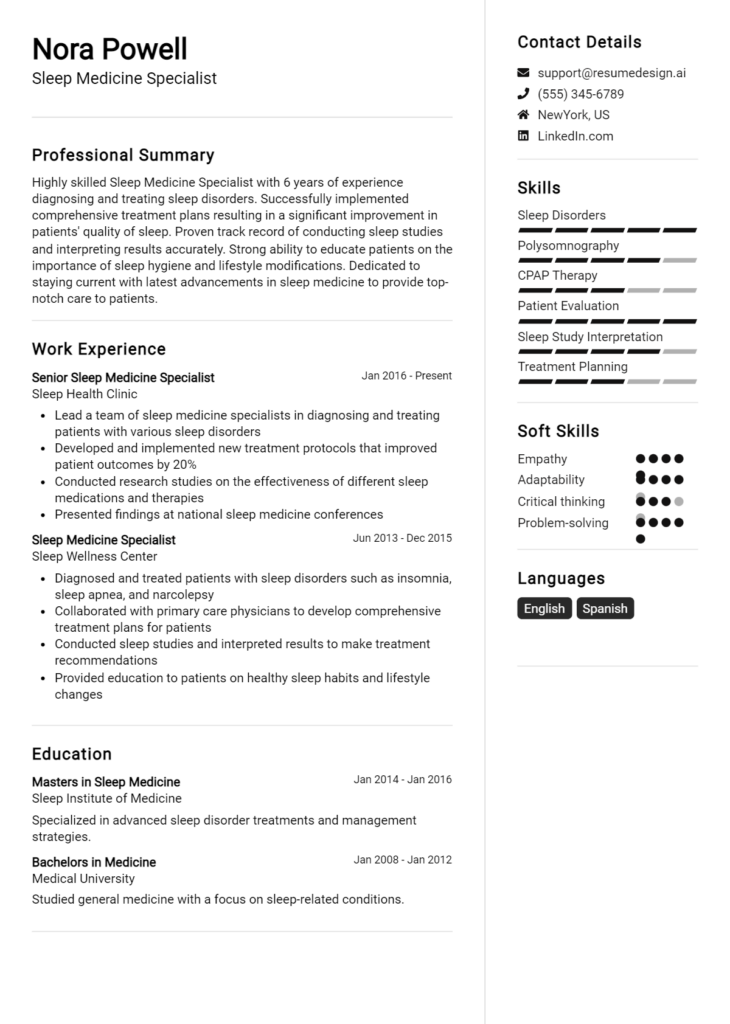 Sleep Medicine Specialist Resume Example