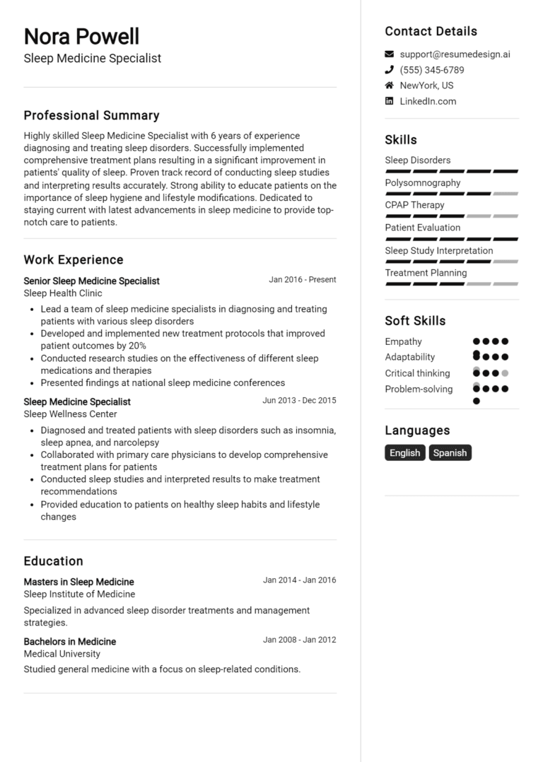 35 Sleep Medicine Specialist Resume Examples And Templates for 2025