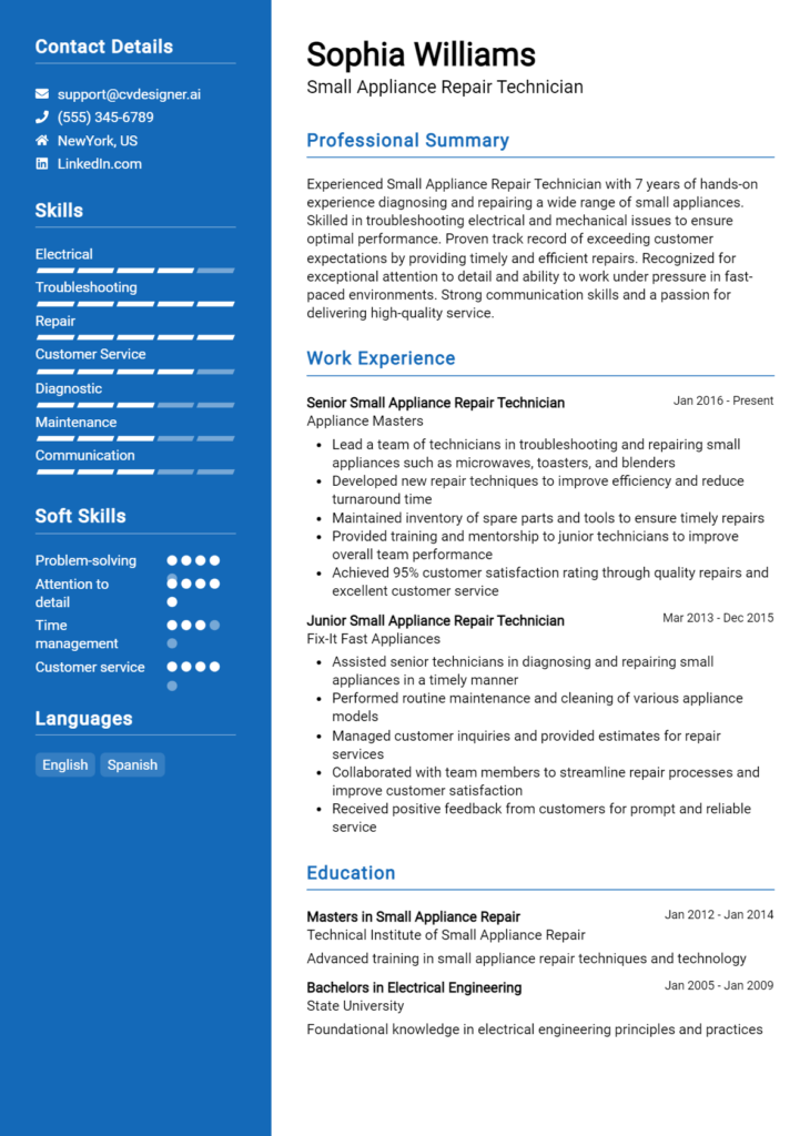 Small Appliance Repair Technician Resume Example