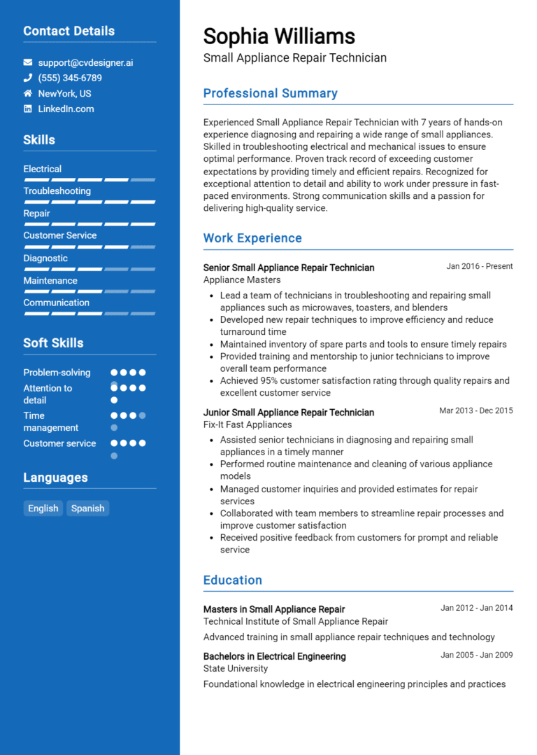 12 Small Appliance Repair Technician Resume Examples And Templates for 2025