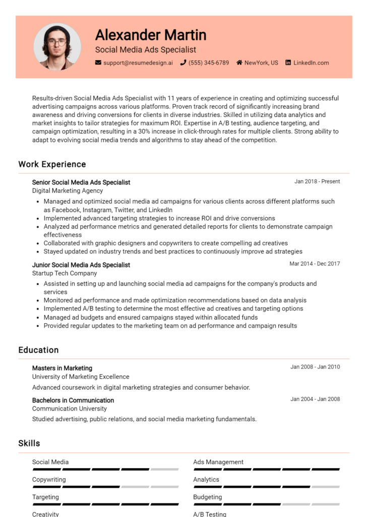 Social Media Ads Specialist Resume Example