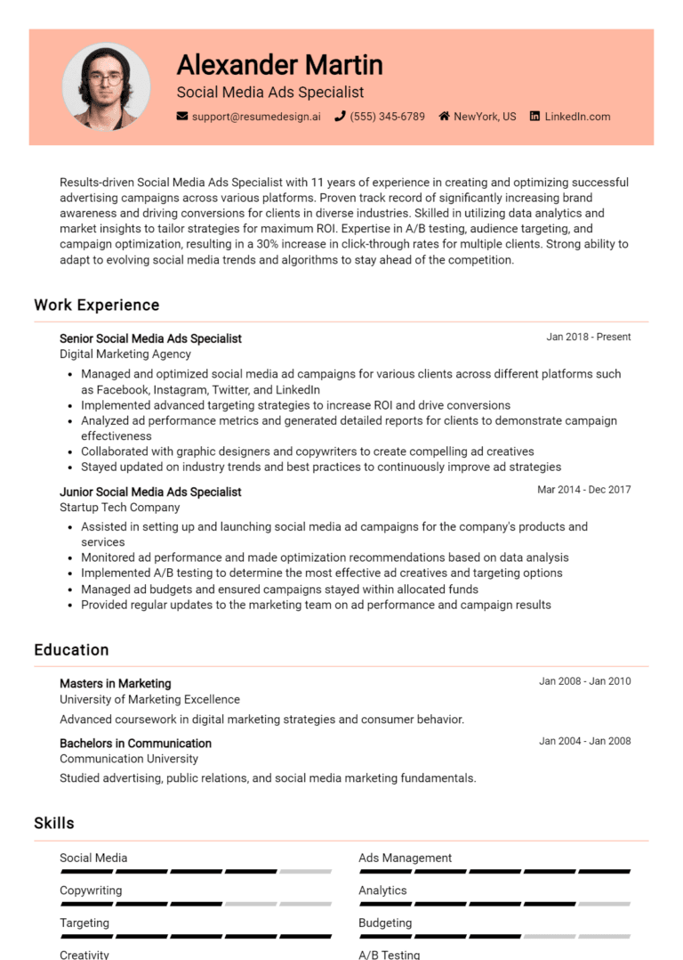 20 Social Media Ads Specialist Resume Examples And Templates for 2025