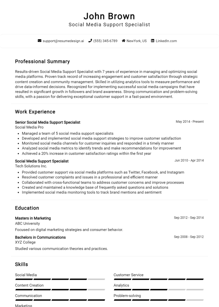 Social Media Support Specialist Resume Example