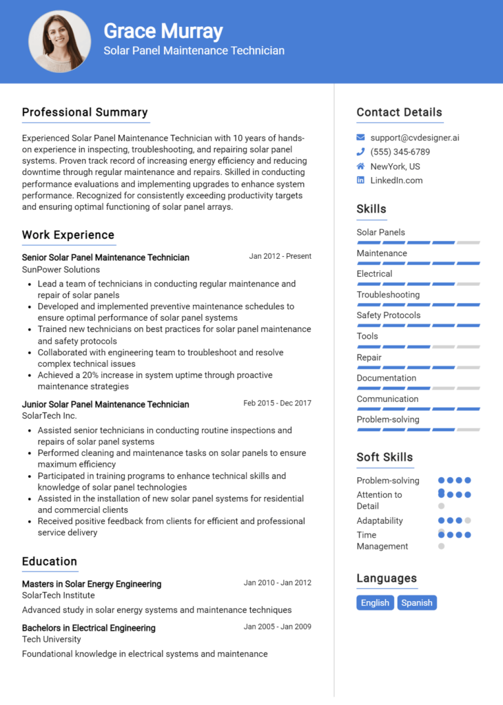 Solar Panel Maintenance Technician Resume Example