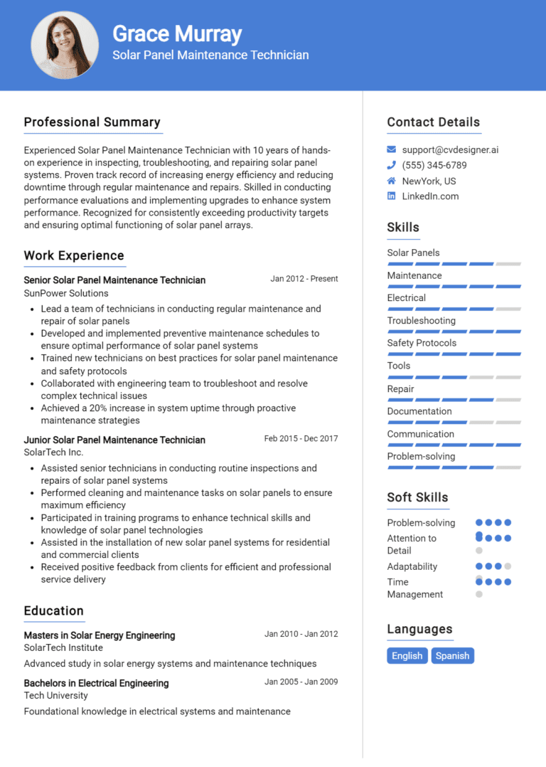 9 Solar Panel Maintenance Technician Resume Examples And Templates for 2025