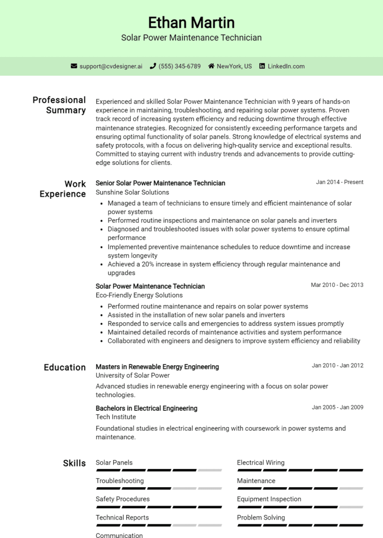 14 Solar Power Maintenance Technician Resume Examples And Templates for 2025 [Guide]
