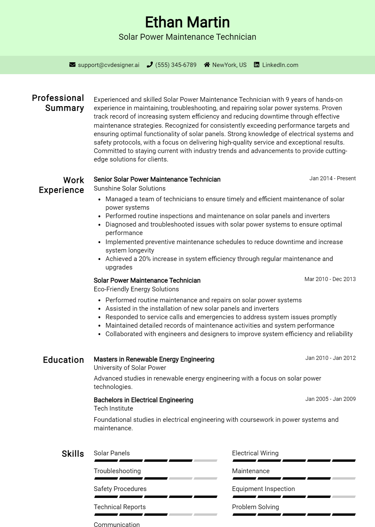 Solar Power Maintenance Technician Resume Example