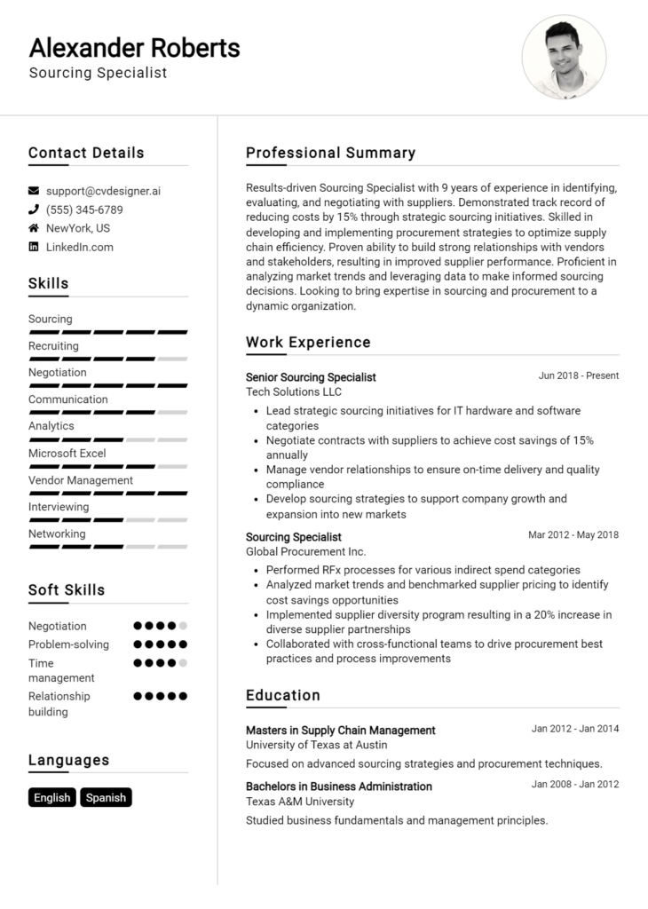 Sourcing Specialist Resume Example