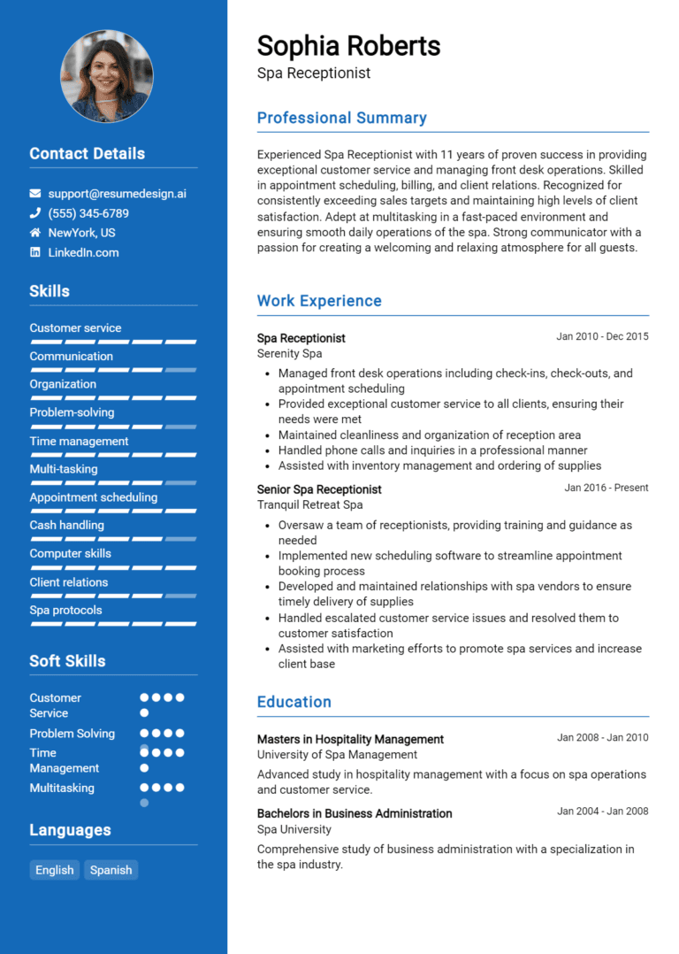 15 Spa Receptionist Resume Examples And Templates for 2025: Top Tips