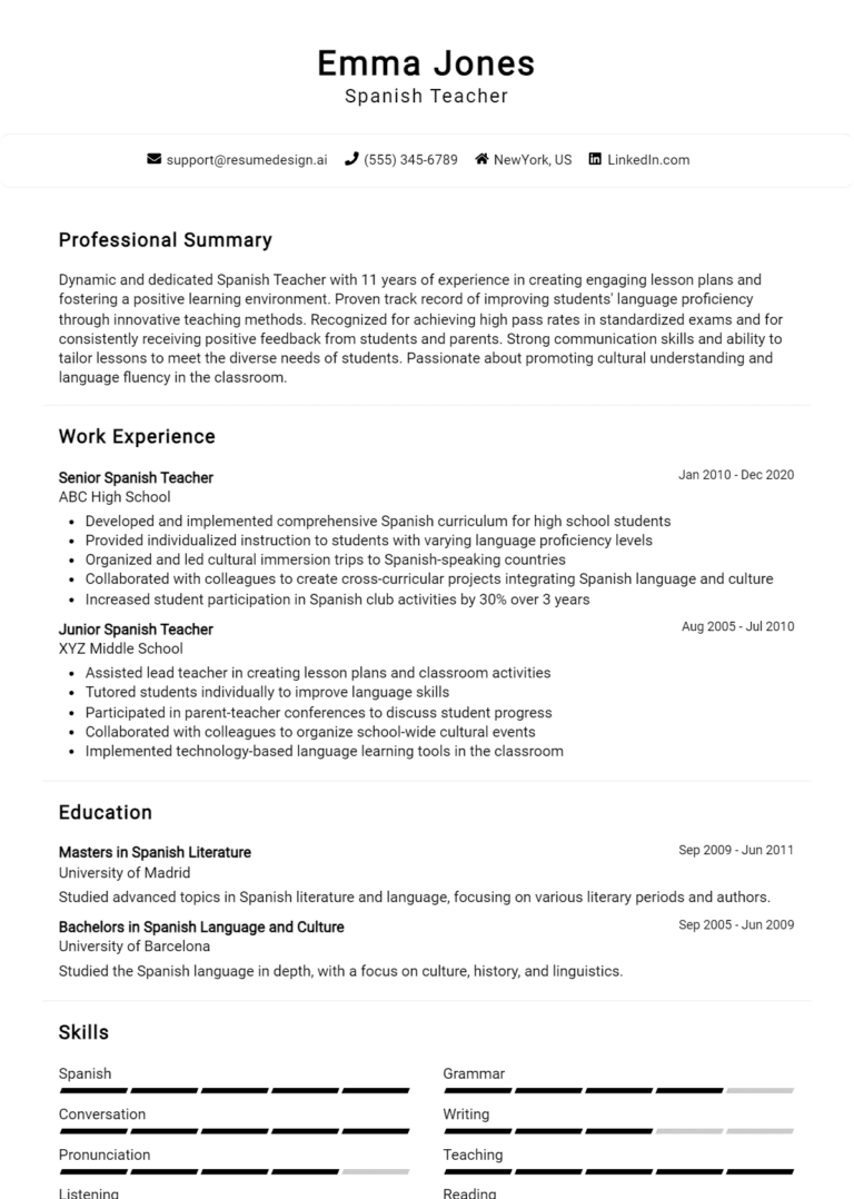 10 Spanish Teacher Resume Examples And Templates for 2025 (Downloadable)