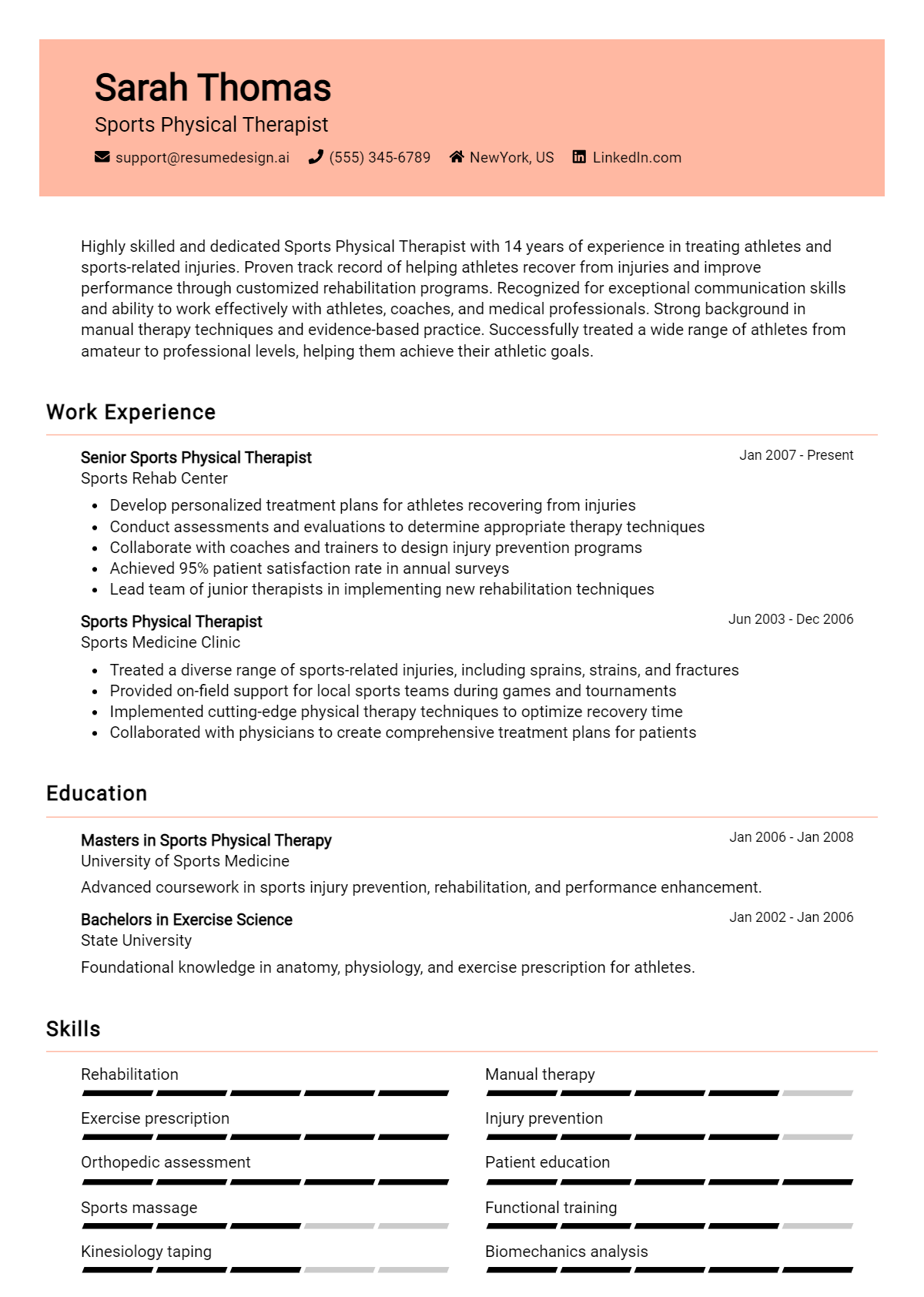 Sports Physical Therapist Resume Example