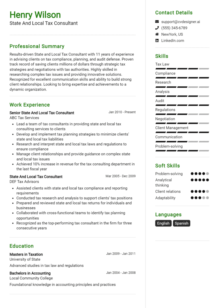 16 State and Local Tax Consultant Resume Examples And Templates for 2025
