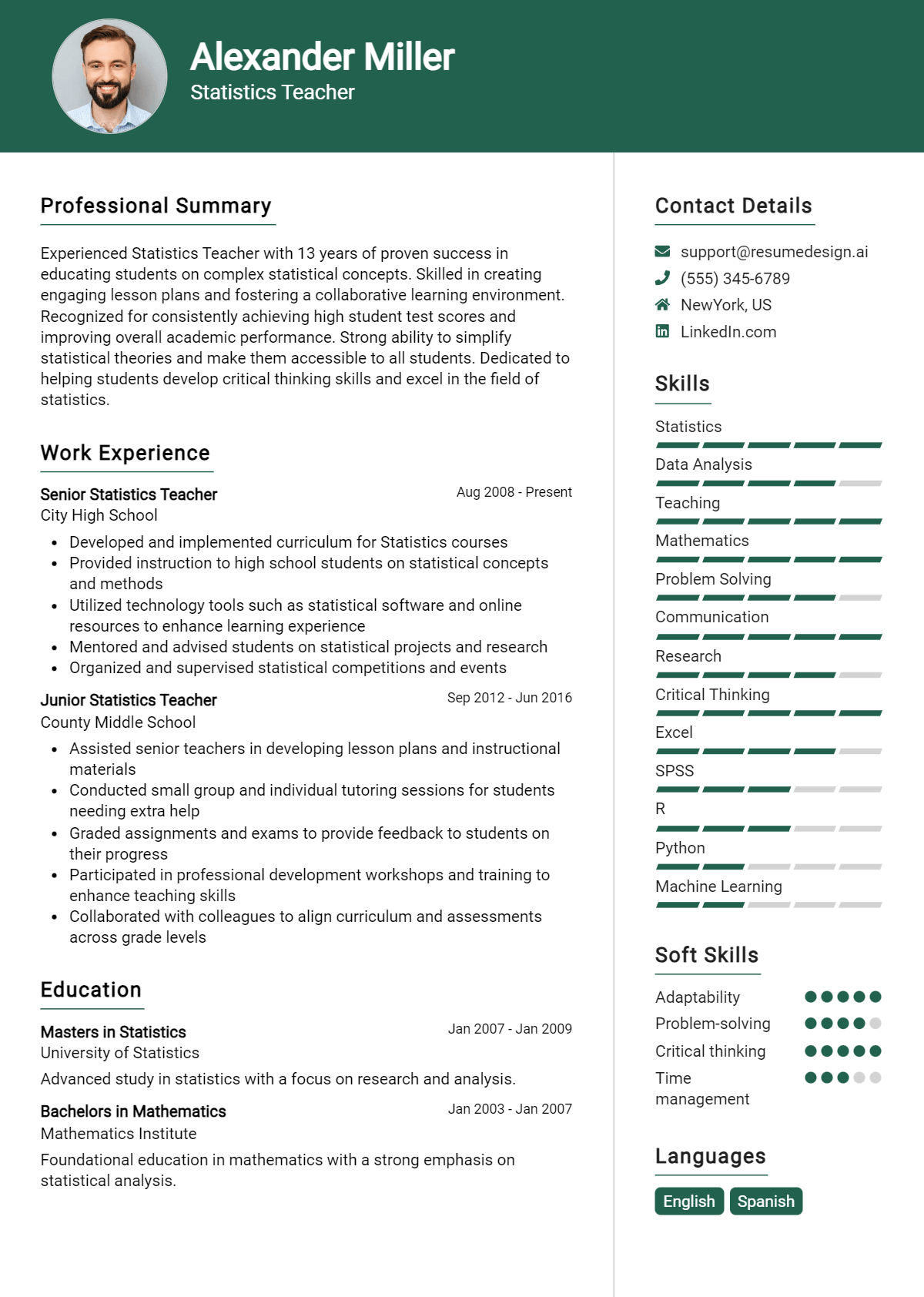 Statistics Teacher Resume Example