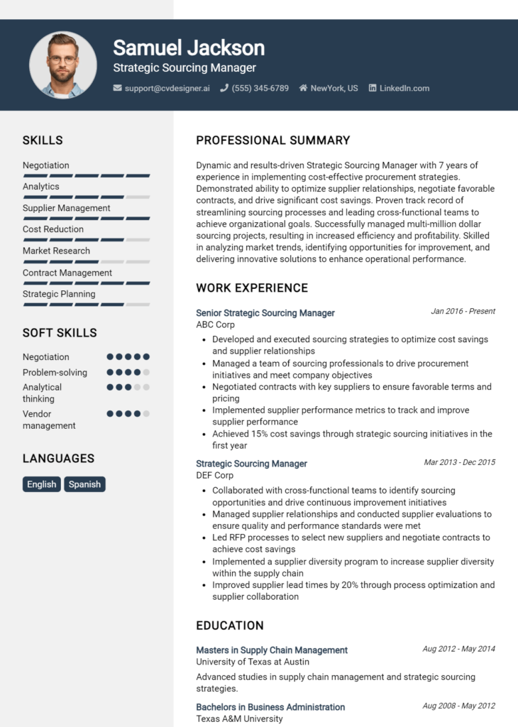 Strategic Sourcing Manager Resume Example