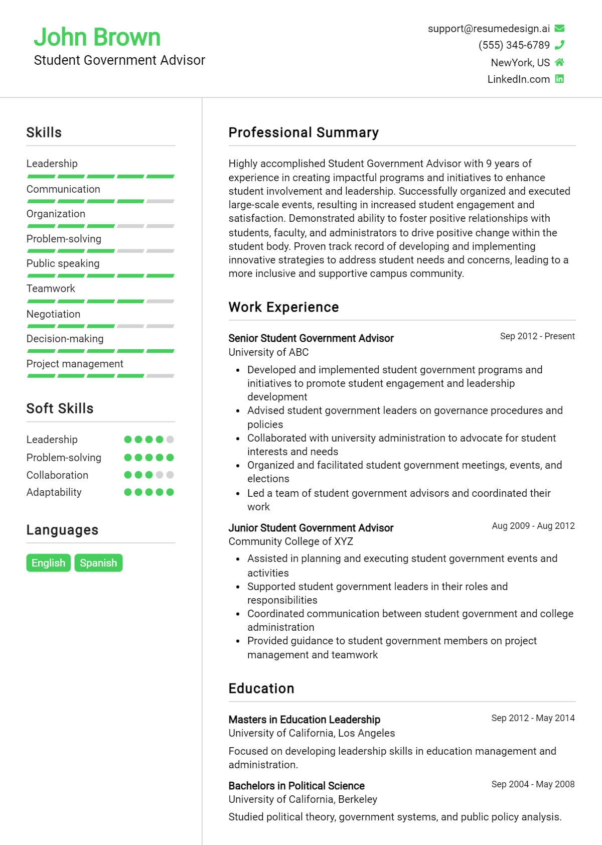 Student Government Advisor Resume Example