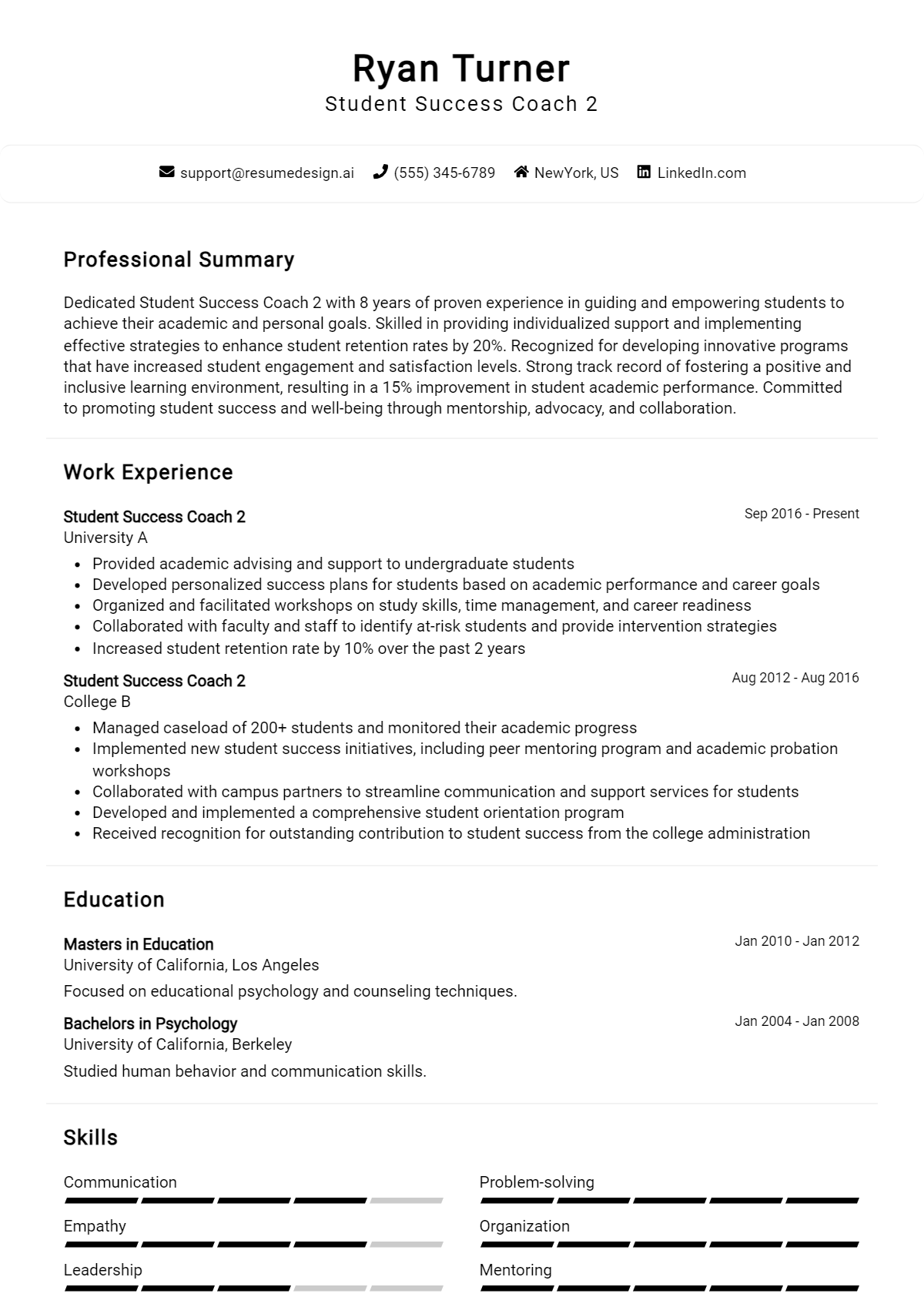 Student Success Coach 2 Resume Example