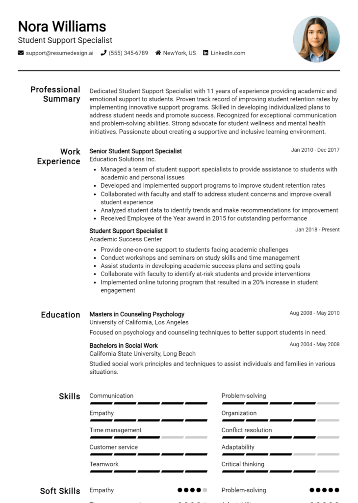 Student Support Specialist Resume Example