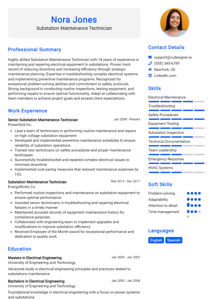 Substation Maintenance Technician Resume Example