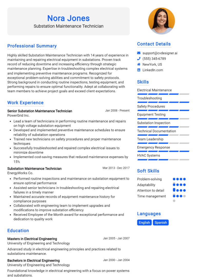 9 Substation Maintenance Technician Resume Examples And Templates for 2025 [Guide]