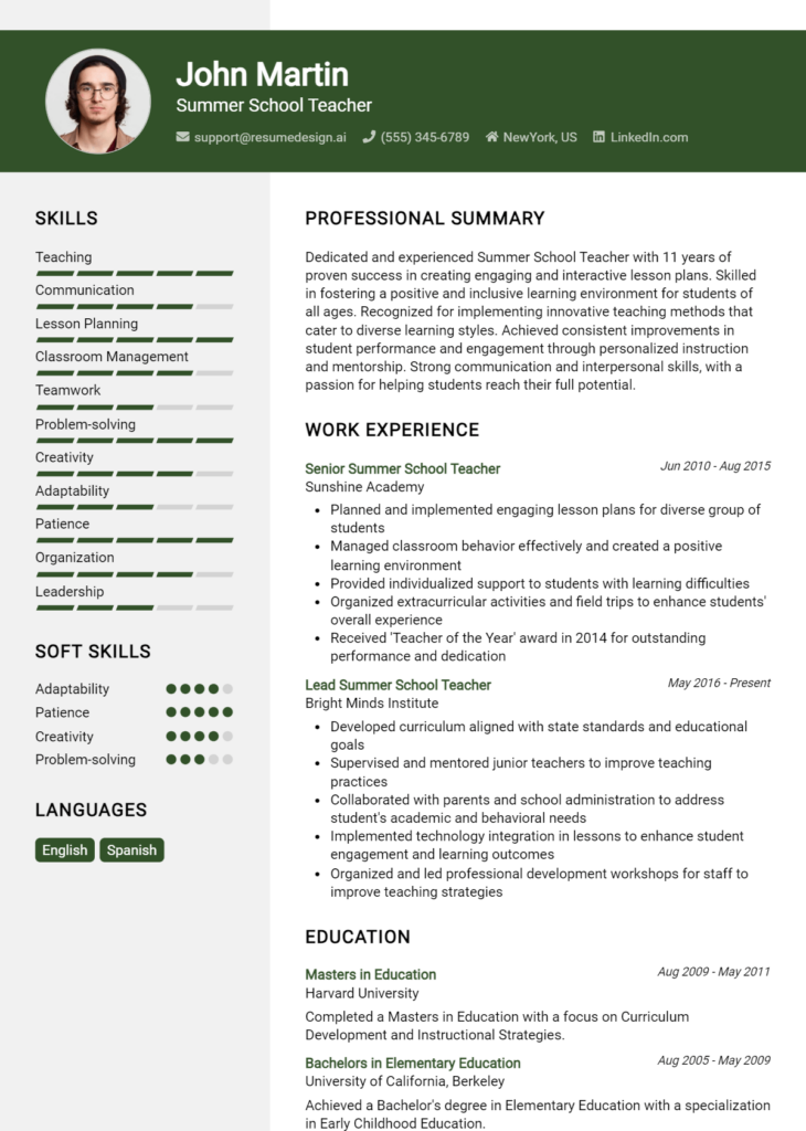 Summer School Teacher Resume Example