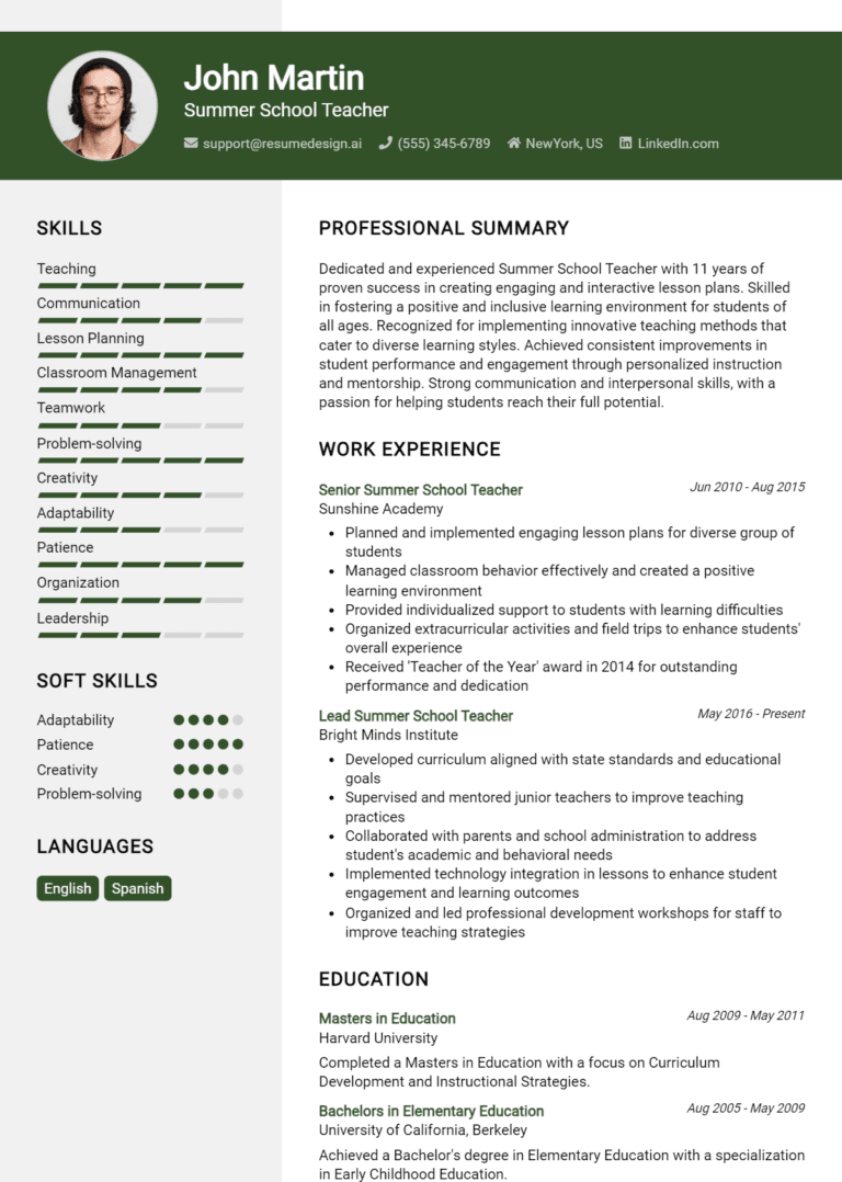 14 Athletic Coach Resume Examples - Summer School Teacher Resume Example 768x1078 