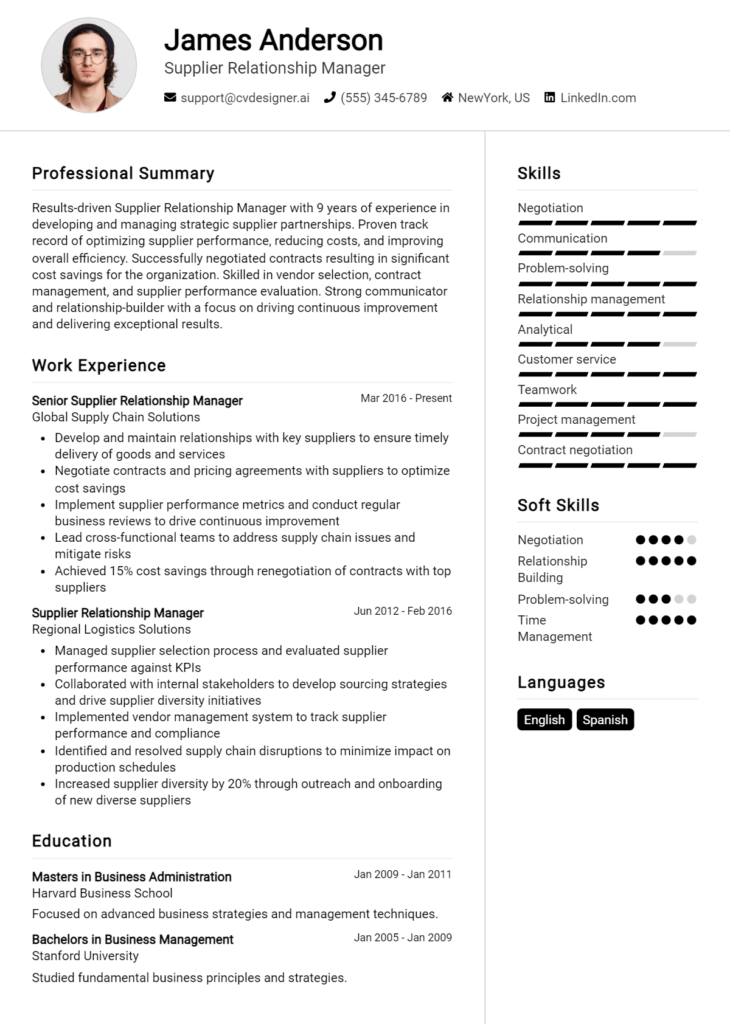 Supplier Relationship Manager Resume Example