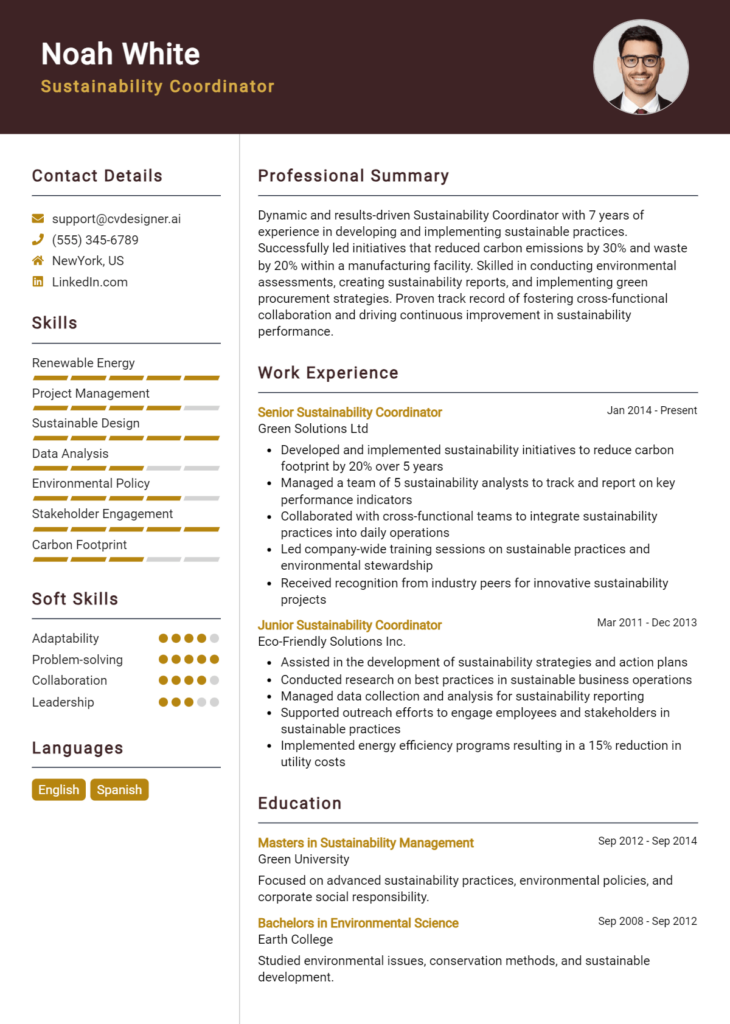 Sustainability Coordinator Resume Example