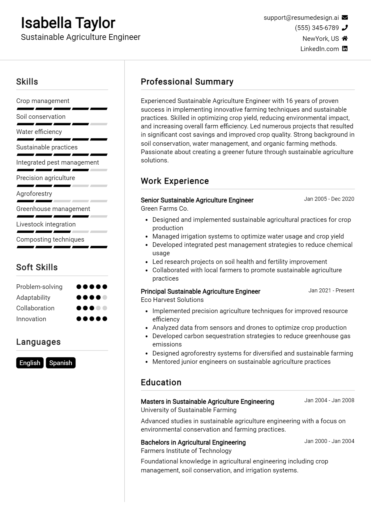 Sustainable Agriculture Engineer Resume Example