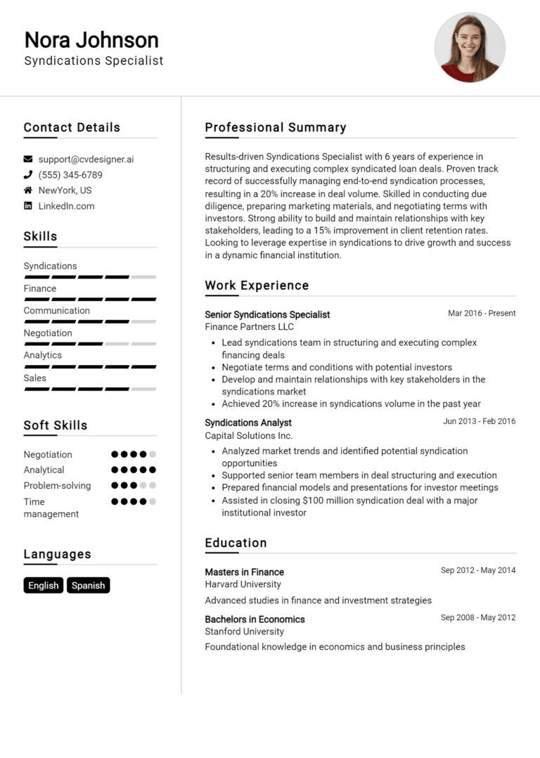 18 Syndications Specialist Resume Examples And Templates for 2025