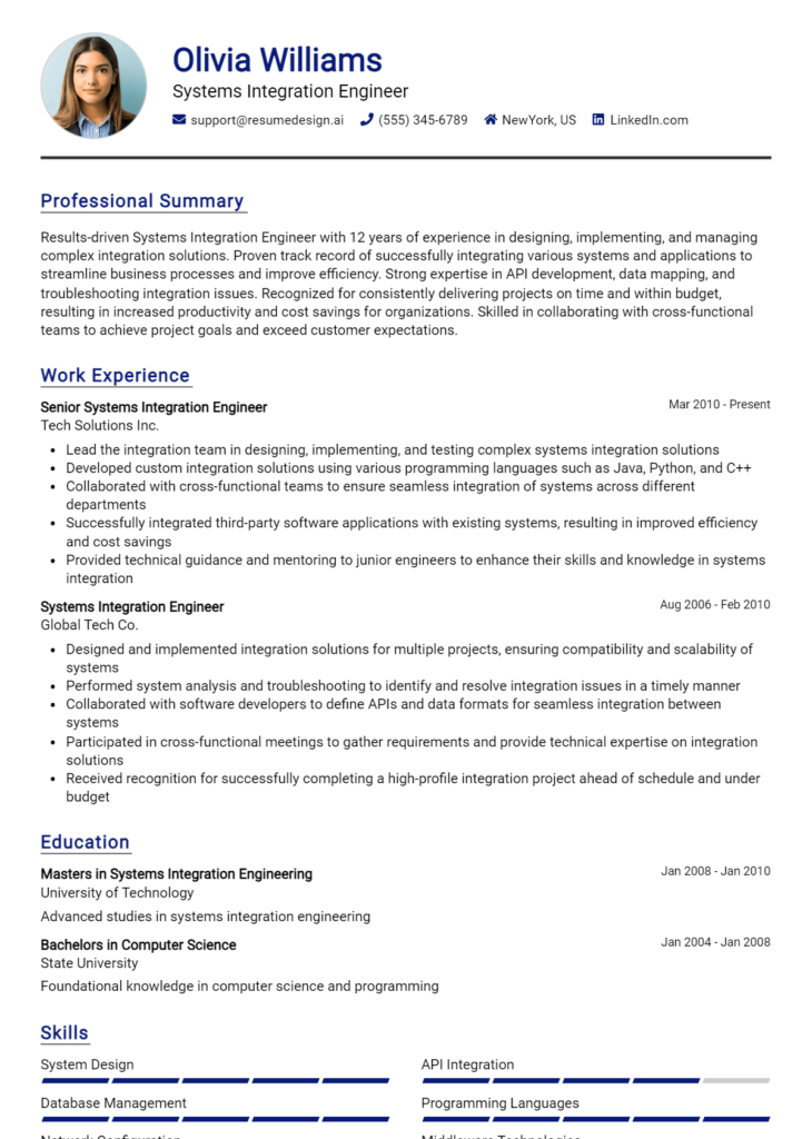 Systems Integration Engineer Resume Example